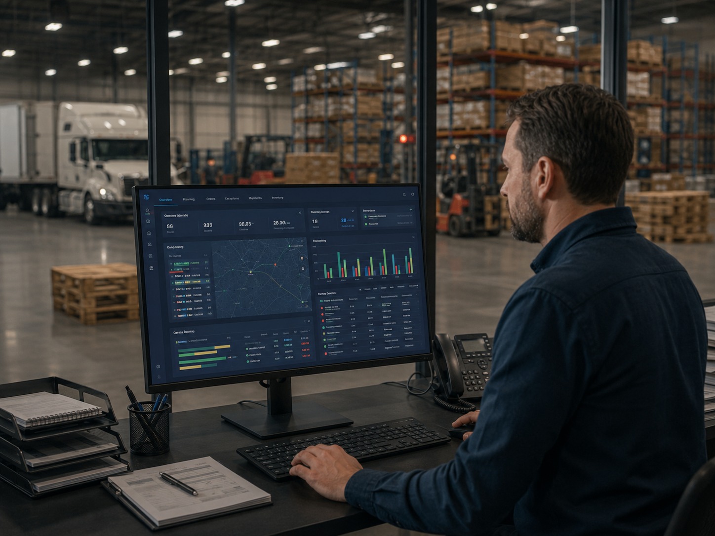 Operations manager bekijkt geïntegreerd logistiek dashboard.