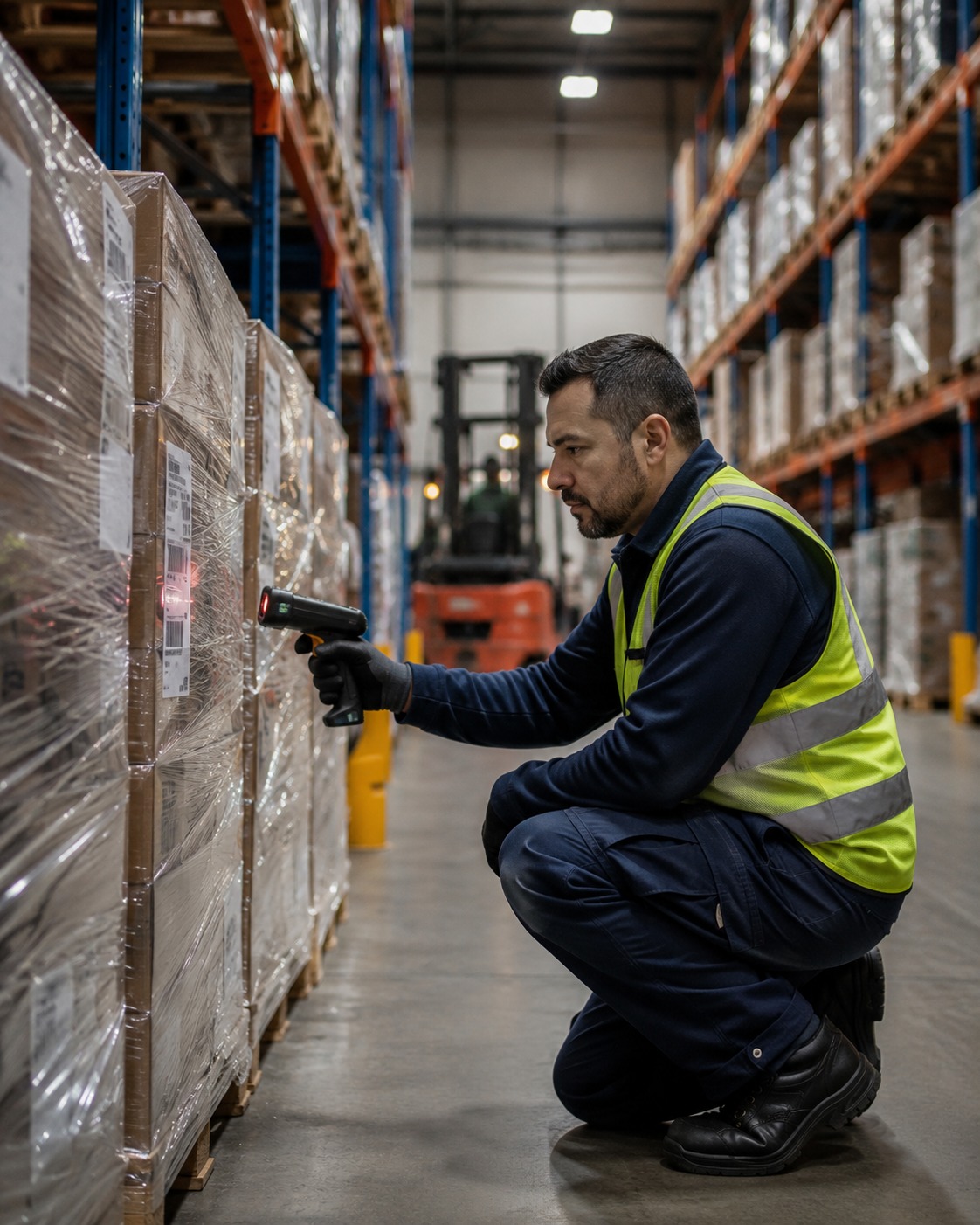 Magazijnmedewerker scant een palletlabel in een 3PL-magazijn.